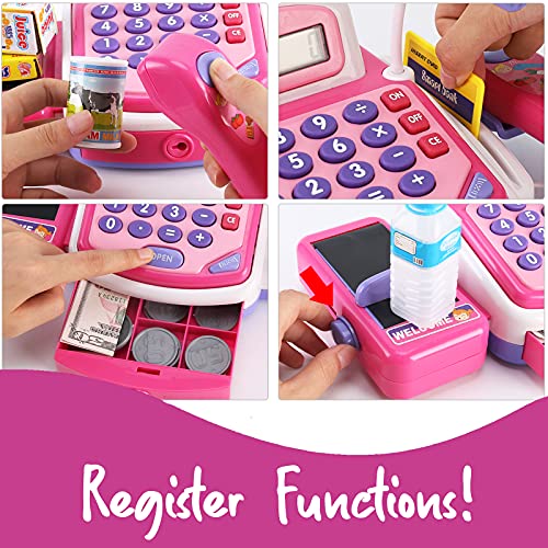 Liberty Imports Pretend Play Pink Cash Register Toy - Learn &a; Play Shopping Kids Toys with Electronic Mic, Scanner, Calculator,