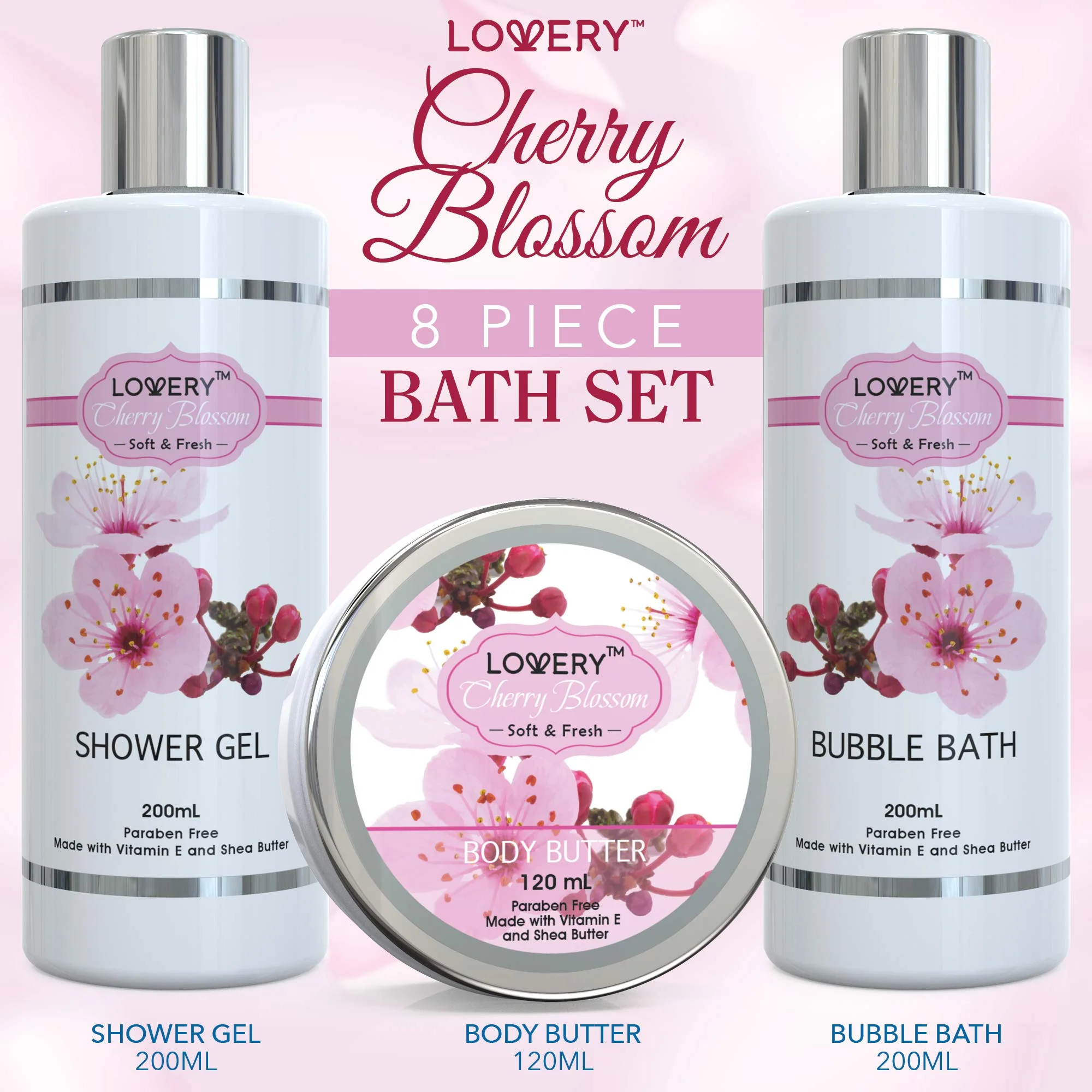 Lovery Bath and Body Spa gift Basket Set for Women - cherry Blossom Home Spa Set with Fragrant Lotions, 2 Extra Large Bath Bombs, Mirro