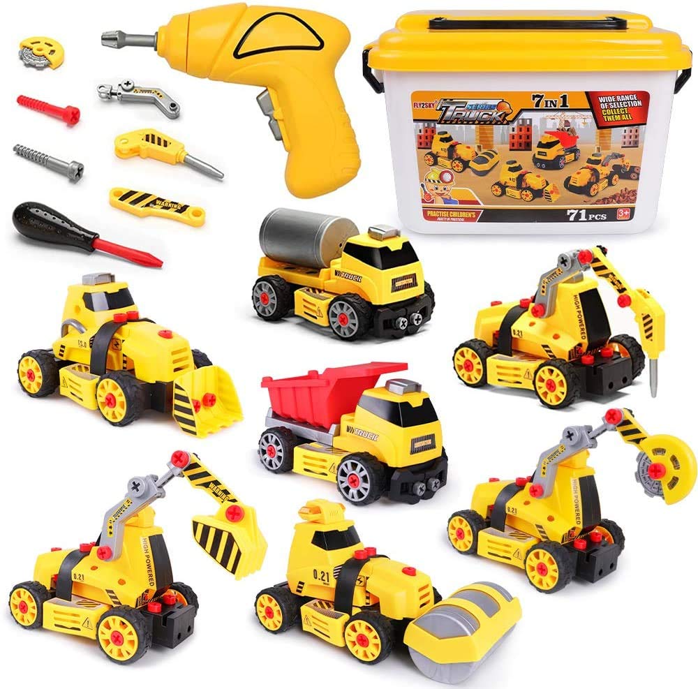 FLY2SKY Toys for 3 4 5 6 7 8 Year Old Boys 7 in 1 Take Apart Toys with Electric Drill Take Apart Truck Toys Construction Set DIY