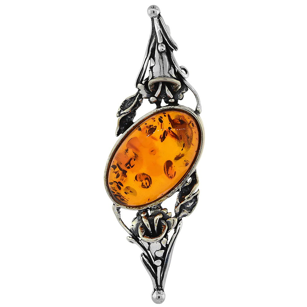 Sabrina Silver Sterling Silver Oval Russian Baltic Amber Brooch Pin with Vine Accents, 2 7/16 inch wide