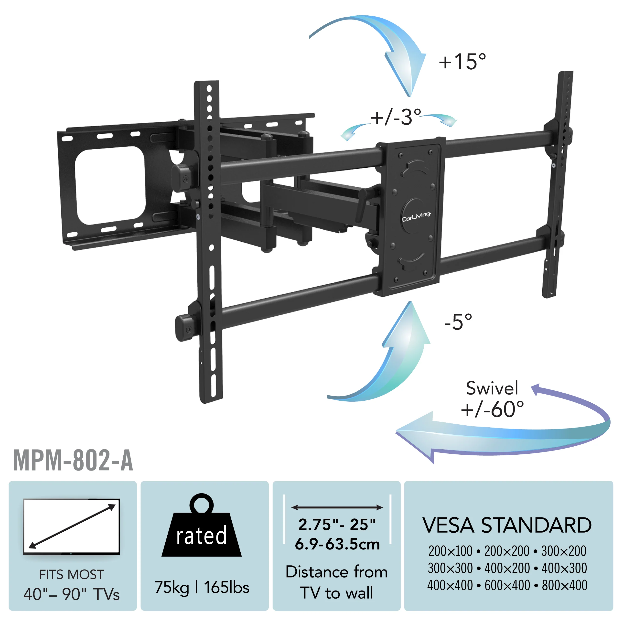 CorLiving MPM-802-A  Full-Motion H-frame Wall Mount for 40