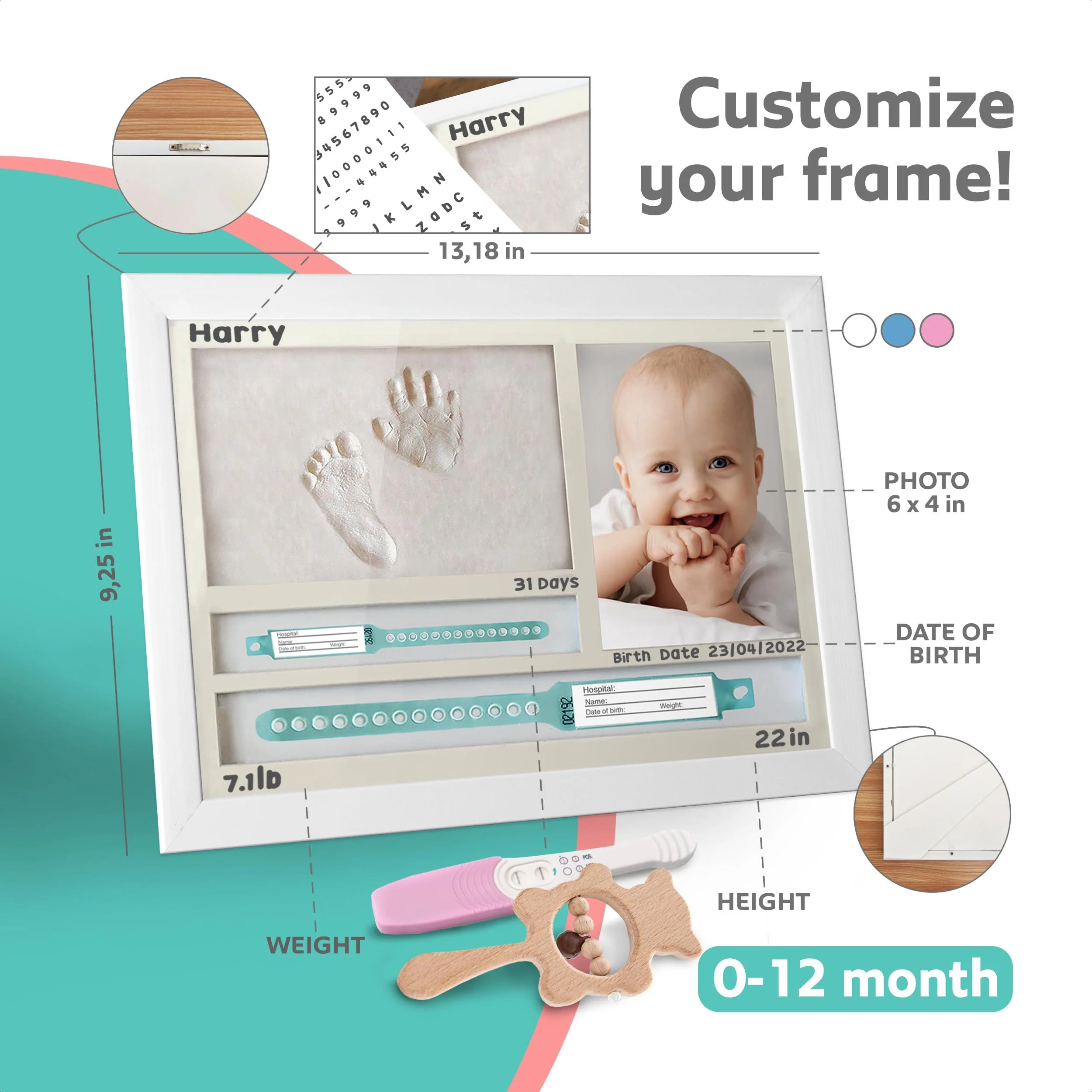muby baby hand and footprint kit photo frame with newborn bracelets. newborn baby boy and girl gifts, wall nursery decoration. bab