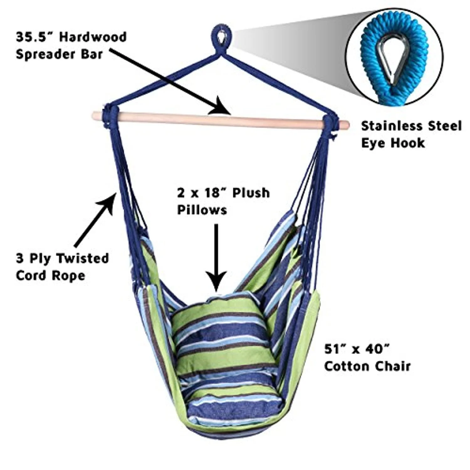Inspired Home Living large deluxe brazilian hammock chair kit- hanging rope swing - 2 45x45cm pillows - storage bag - steel eye hook - no hammock
