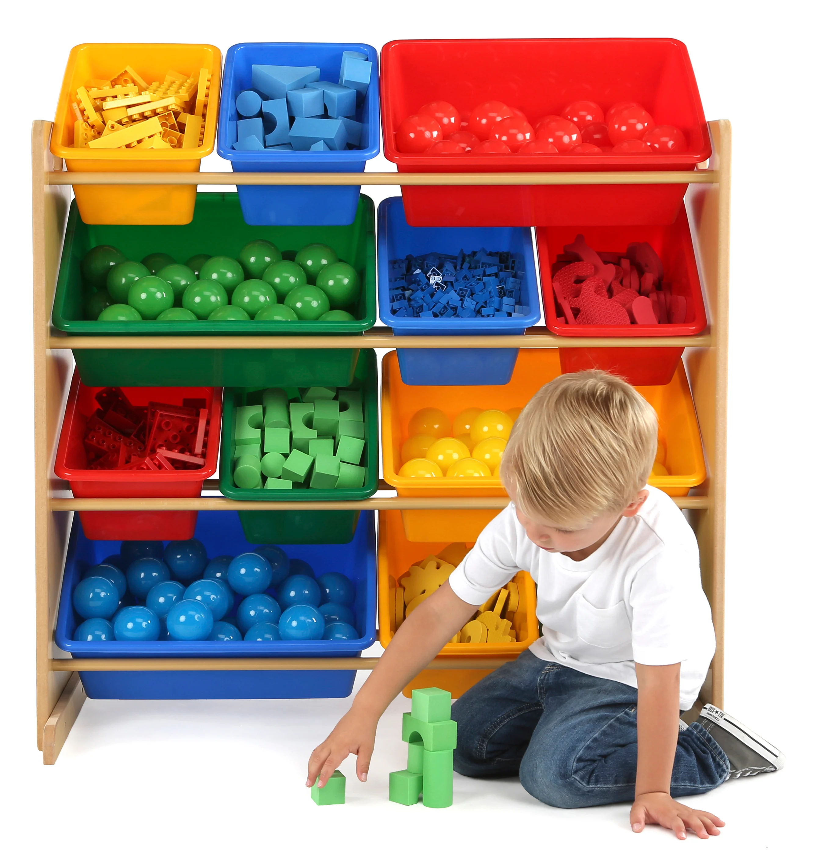 Tot Tutors Kids Toy Storage Organizer with 12 Plastic Bins, Natural/Primary (Primary Collection)