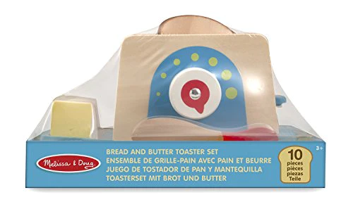 Melissa &a; Doug Bread and Butter Toaster Set (9 pcs) - Wooden Play Food and Kitchen Accessories