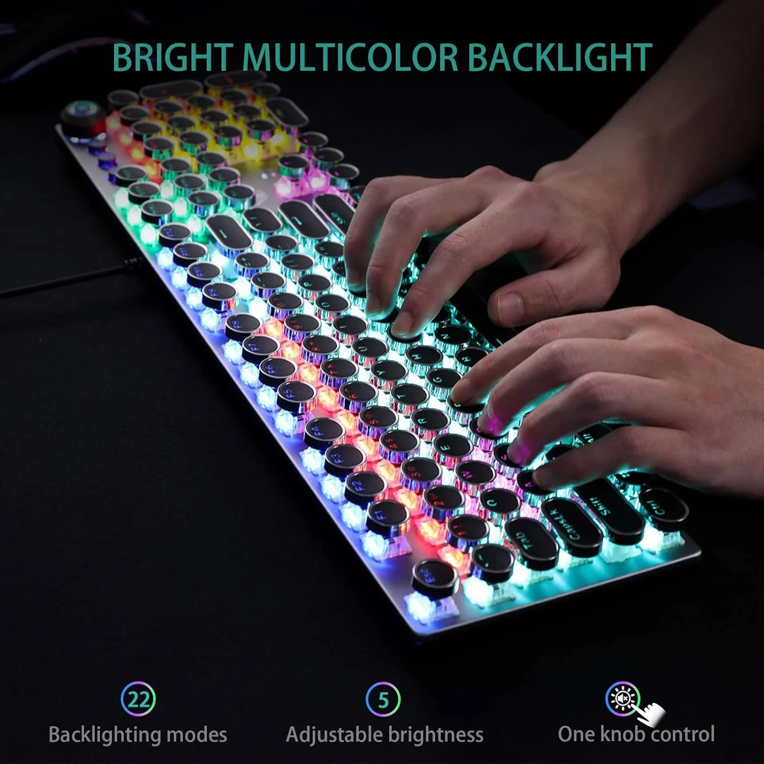 Zell Electronics Zell Typewriter Style Mechanical Gaming Keyboard Blue Switches,Rainbow Led Backlit,Removable Wrist Rest,Media Control Knob,Re…