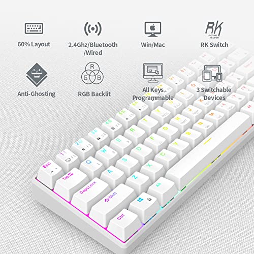 RK ROYAL KLUDGE RK61 2.4Ghz Wireless/Bluetooth/Wired 60% Mechanical Keyboard, 61 Keys RGB Hot Swappable Brown Switch Gaming Keyb