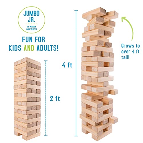 Giantville Giant Tumbling Timber Toy - Jumbo JR. Wooden Blocks Floor Game for Kids and Adults, 56 Pieces, Premium Pine Wood, Carry Bag - Gr