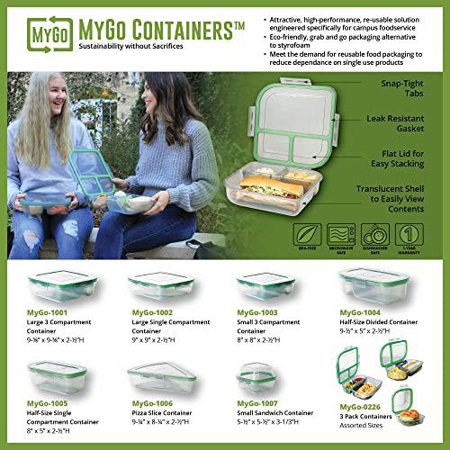 mygo container assorted size to-go food containers, pack of 3, reusable, microwave safe, smoke/green, nsf certified, smoke/gr