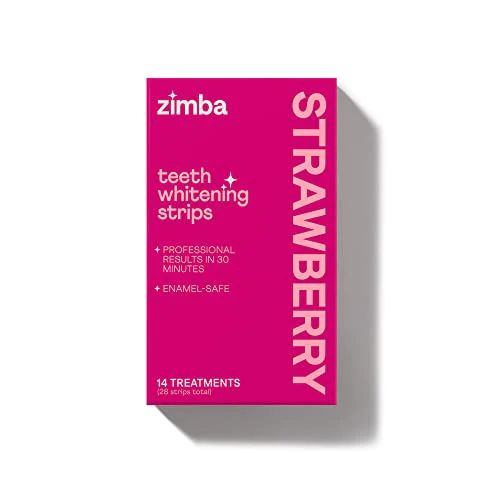 Zimba Strawberry Flavored Teeth Whitening Strips | Vegan, Enamel Safe Hydrogen Peroxide Teeth Whitener for Coffee, Wine, Tobacco