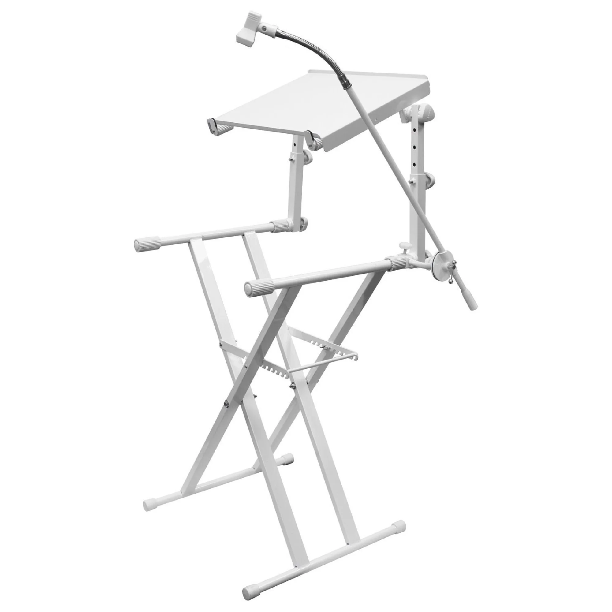 Odyssey TWO TIER  LUXE SERIES WHITE X STAND COMBO PACK: INLCLUDES MIC BOOM ATTACHMENT AND LAPTOP/GEAR TRAY