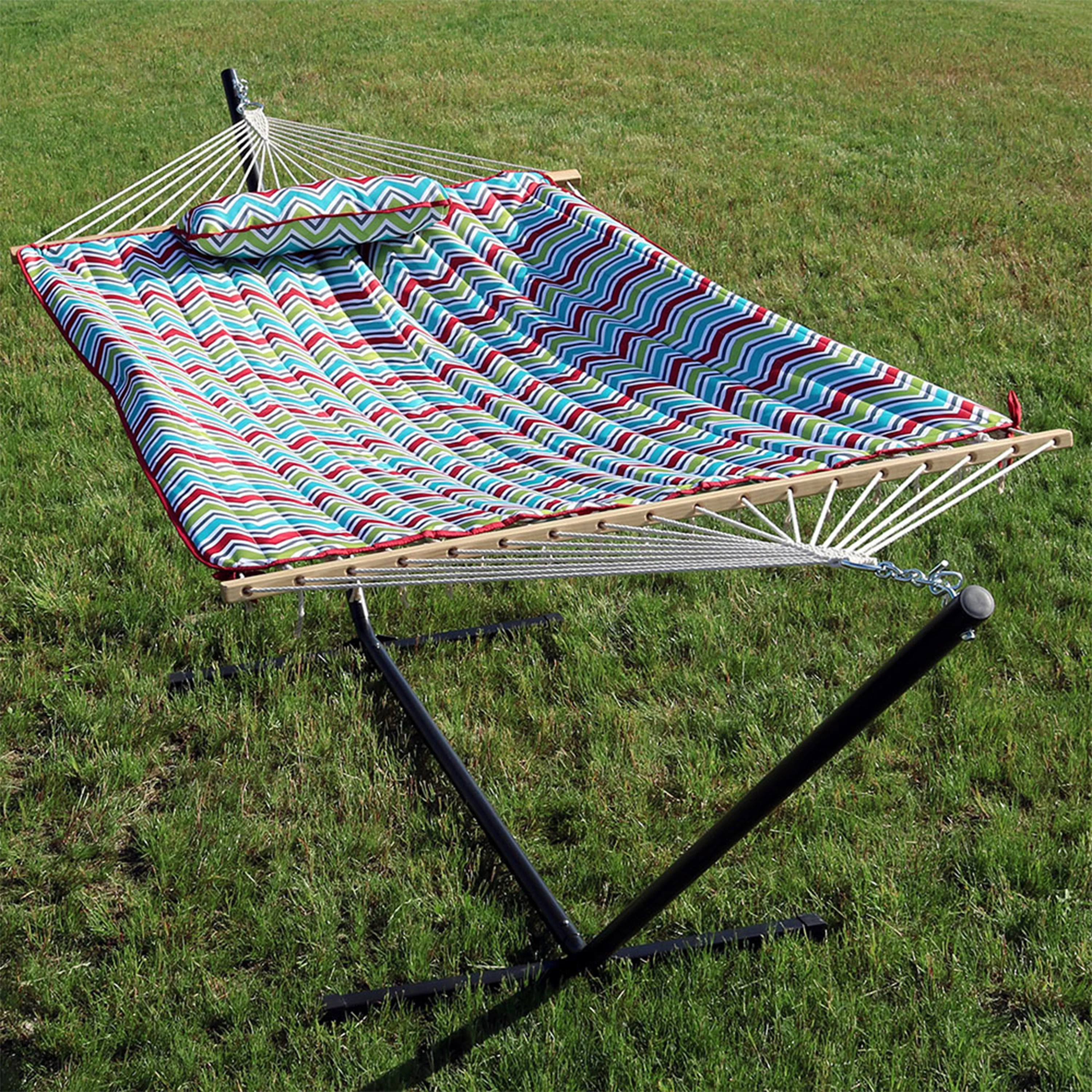 Sunnydaze Decor Rope Hammock with 12-Foot Stand - Pad &a; Pillow - Multi-Color Chevron