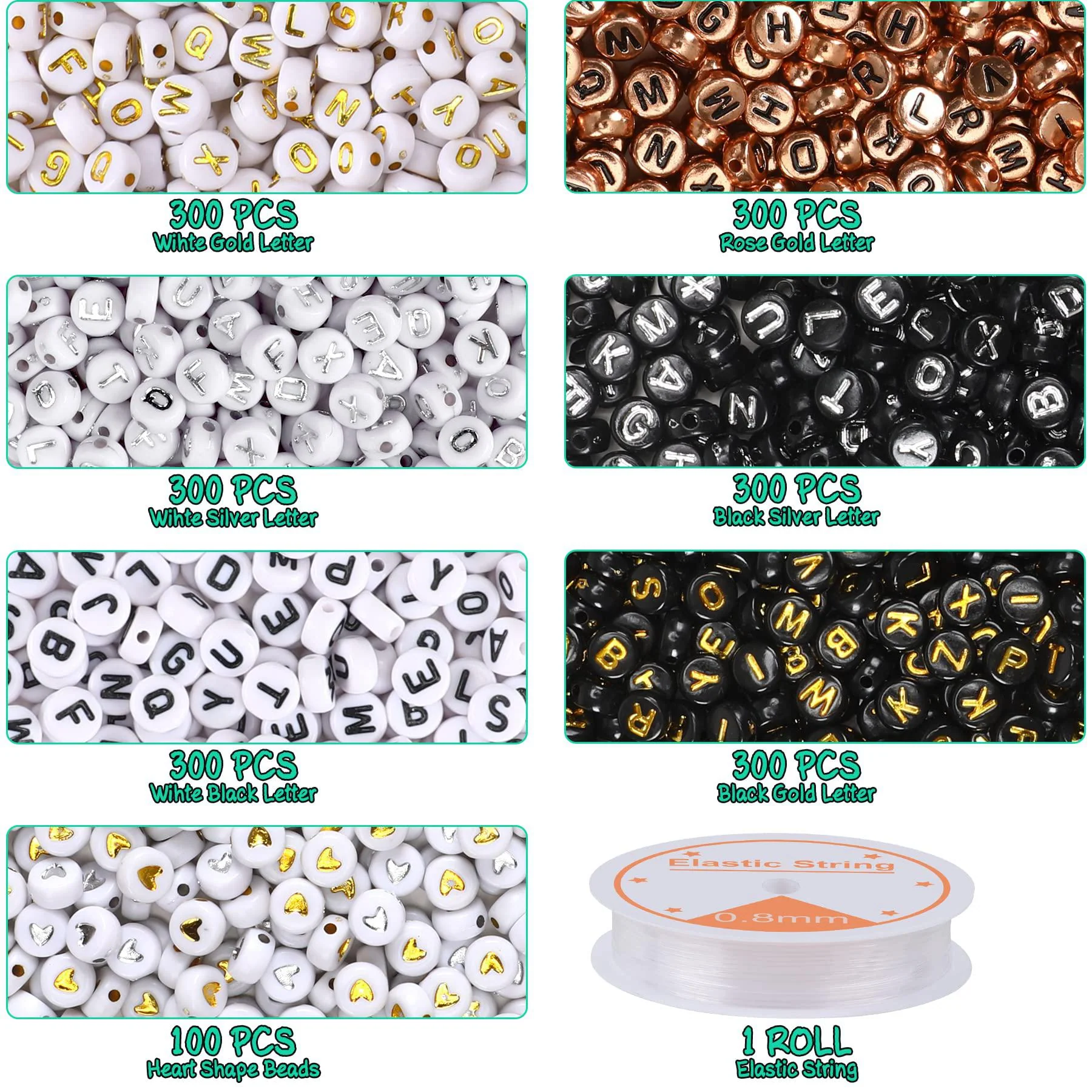 DECYOOL 1900pcs 7 colors round letter beads 47mm acrylic alphabet beads with 1 roll elastic string for bracelet necklace jewelry maki