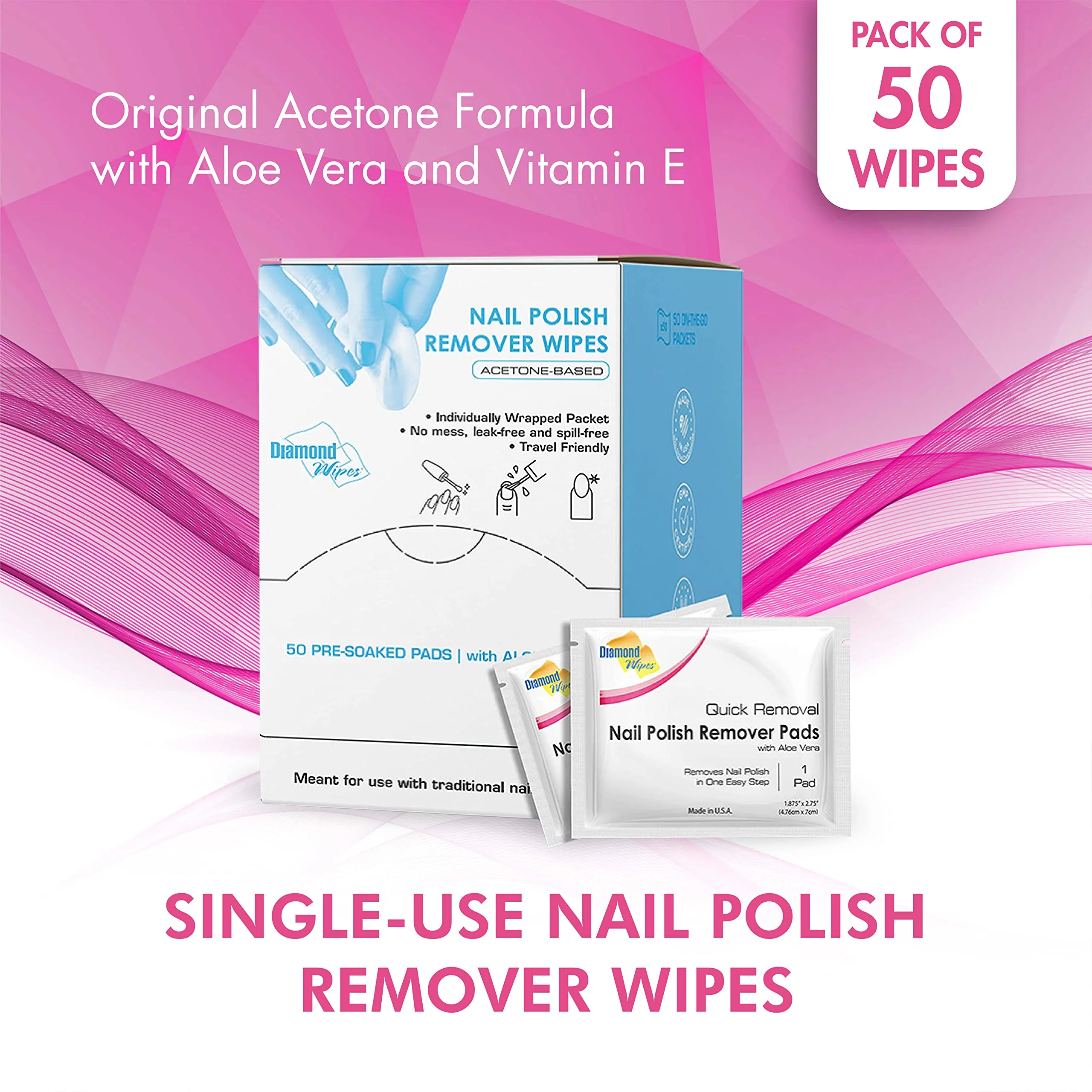 Diamond Wipes Nail Polish Remover Pads with Aloe Vera, 50 Individually Wrapped Acetone Wipes -