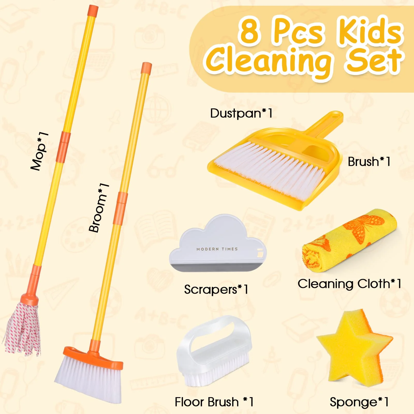 Masthome Kids Cleaning Set, 8 Piece Cleaning Toys Set, Includes Mop, Broom, Brush, Dustpan, Microfiber Cloth, Cleaning Sponge, S
