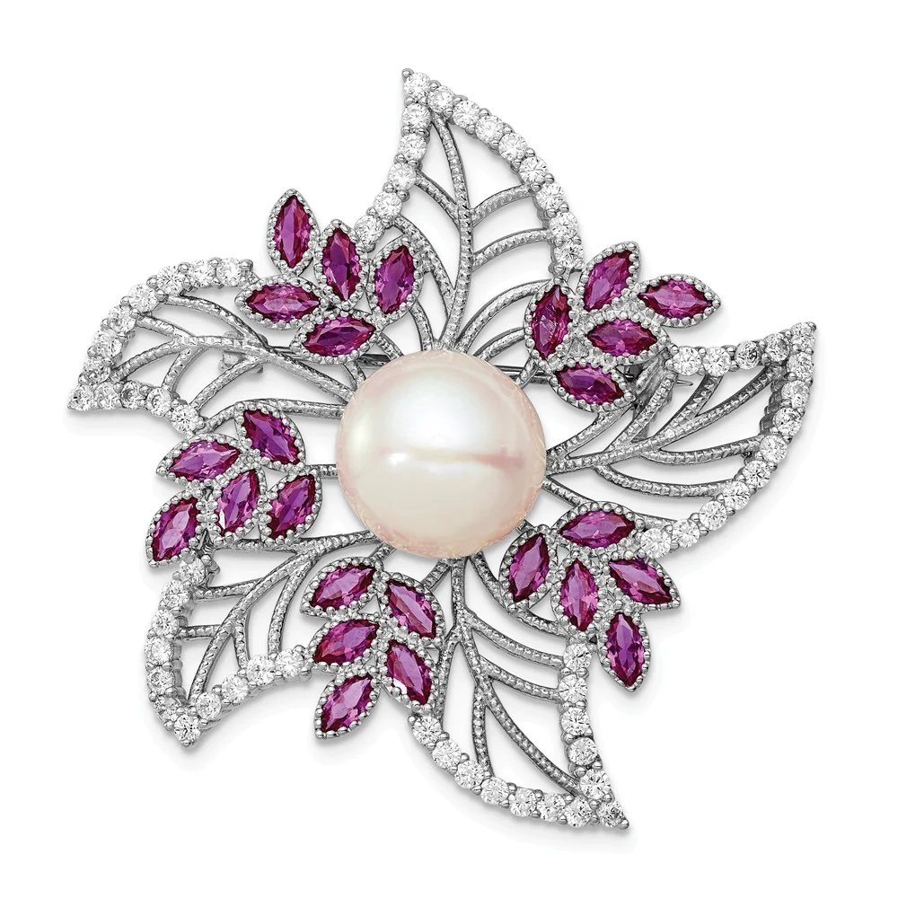Jewelryweb Sterling Silver Rh10-11mm White Freshwater Cultured Pearl Cubic Zirconia Pink Corundum Pin