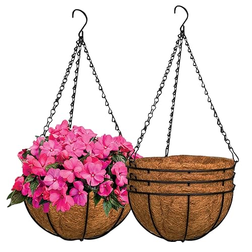 ZeeDix 3pack 12inch Metal Hanging Basket with Coconut Coir Liner- Coconut Coir Liner with Black Chain for Porch Pots Hanger, Ind