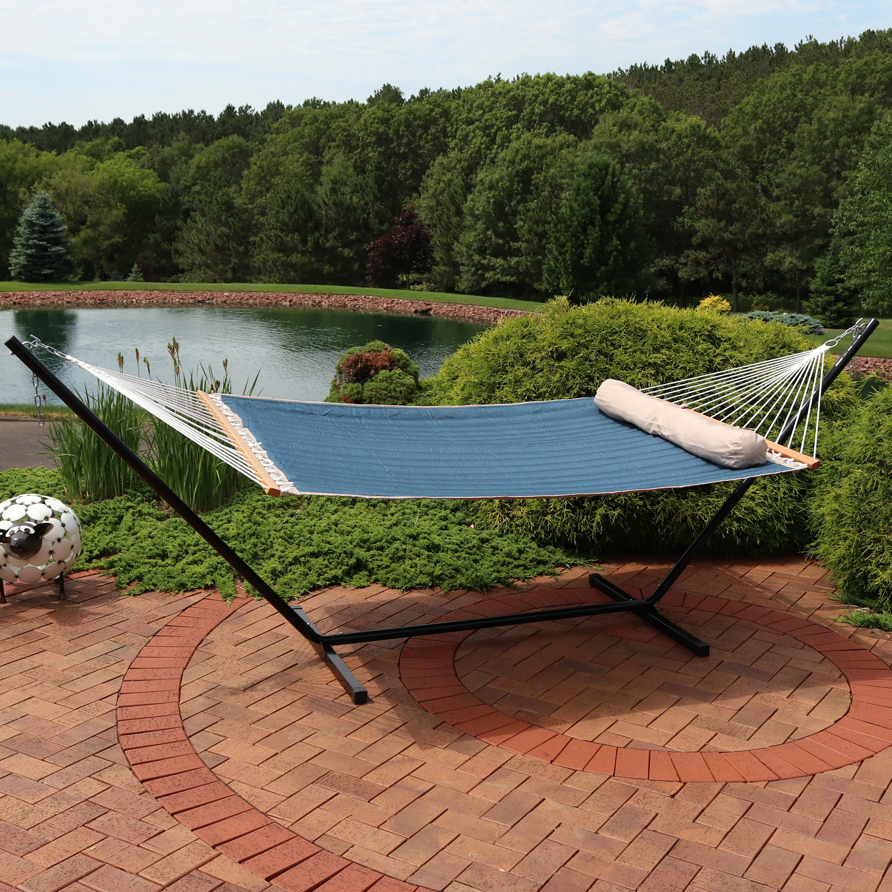 Sunnydaze Decor 2 Person Quilted Fabric Spreader Bar Hammock &a; Stand - Tidal Wave