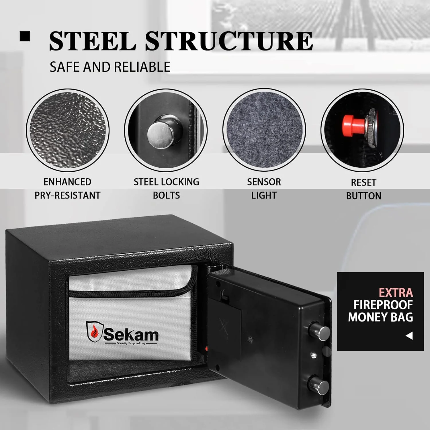 SEKAM Steel Small Money Safe Box for Home Office with Fireproof Money Bag for Cash, Personal Safe with Pass Code and Key Lock, Mini S