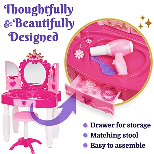 Prextex Kids Makeup Table with Mirror and Chair, Princess Play Set, Vanity Table with Makeup Accessories and Light and Musical S