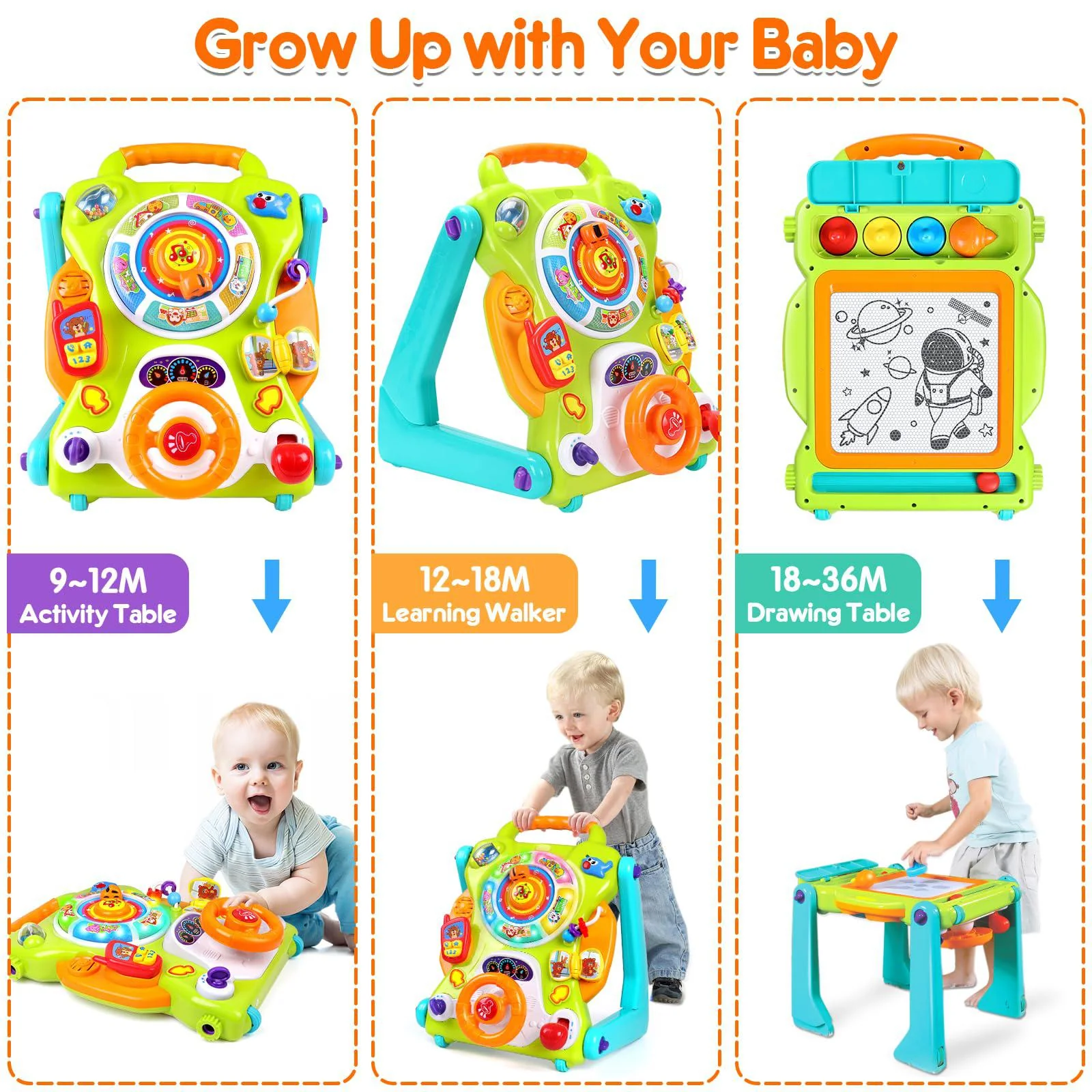 ORWINE 3-in-1 baby walker for boy girls sit to stand toy activity center drawing board infant toys for 1 year old birthday gifts 9 1