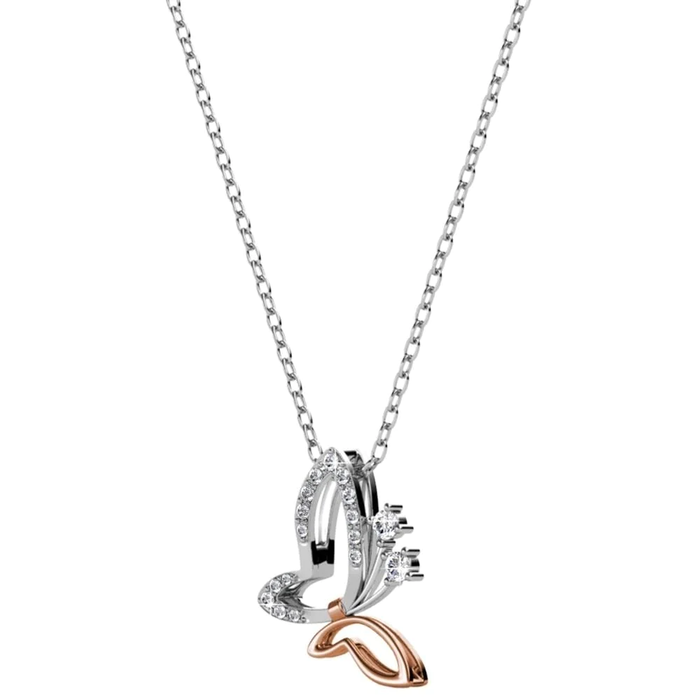 Matashi White Gold &a; Rose Gold Plated Butterfly Pendant Necklace w Clear Crystals Women&s;s Jewelry Gift for Christmas Valentine&s;s