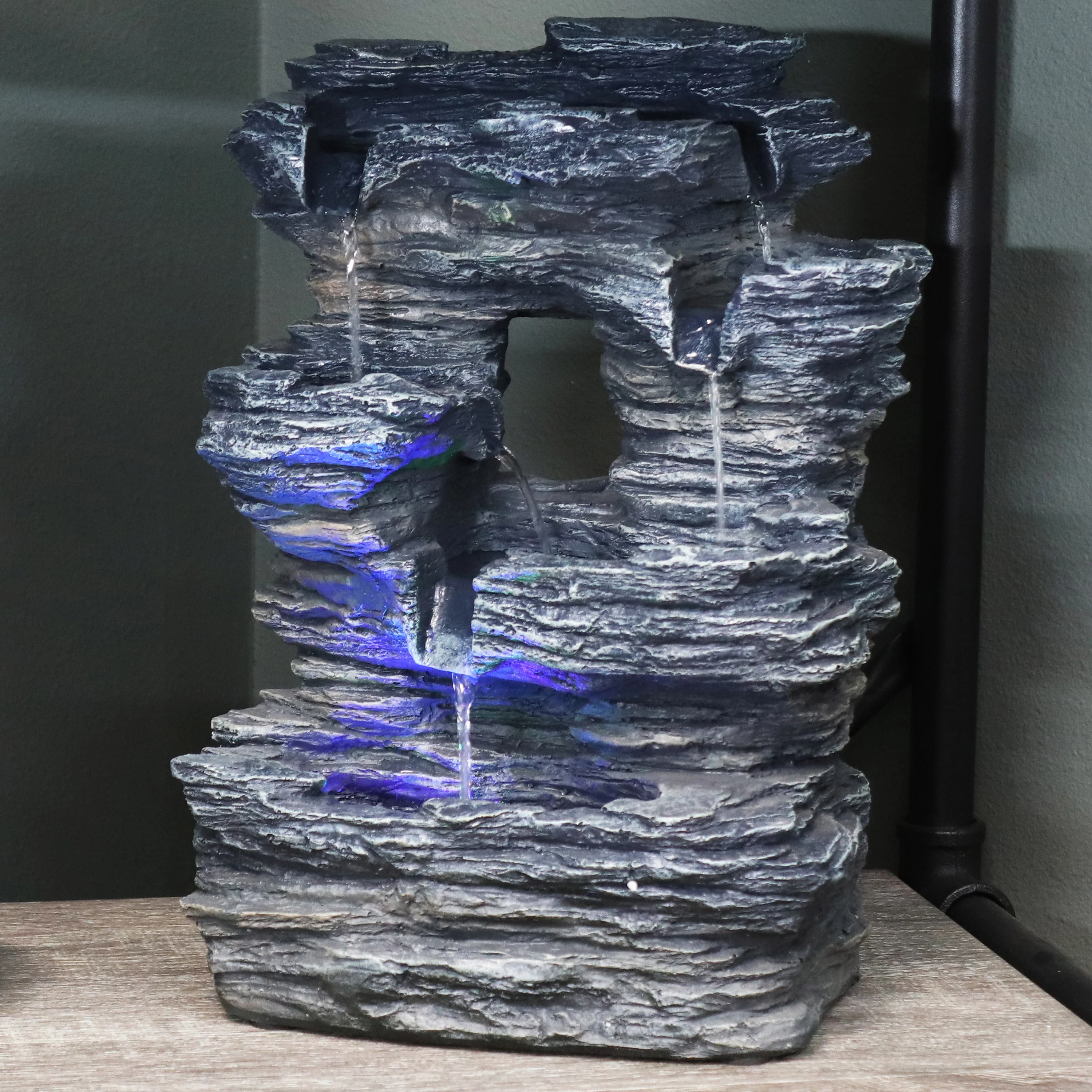 Sunnydaze Decor Five Stream Rock Cavern Tabletop Water Fountain with Multi Colored LED Light