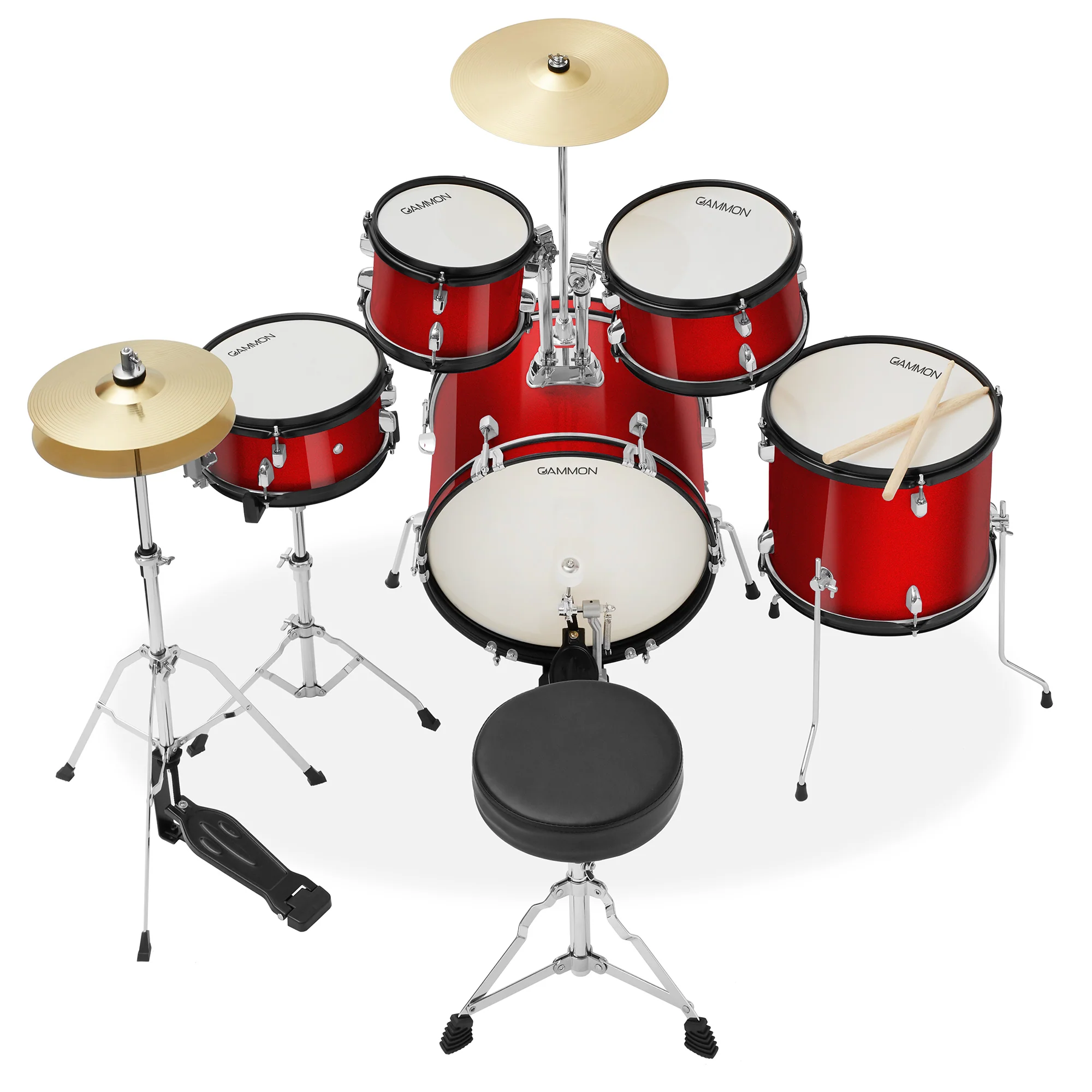Gammon Percussion 5-Piece Junior Drum Set - Red, Beginner Percussion Kit with Stool &a; Stands