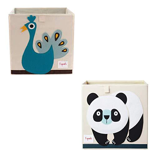 3 sprouts children&s;s large 13 inch foldable fabric storage cube box panda bear toy bin with blue peacock toy bin
