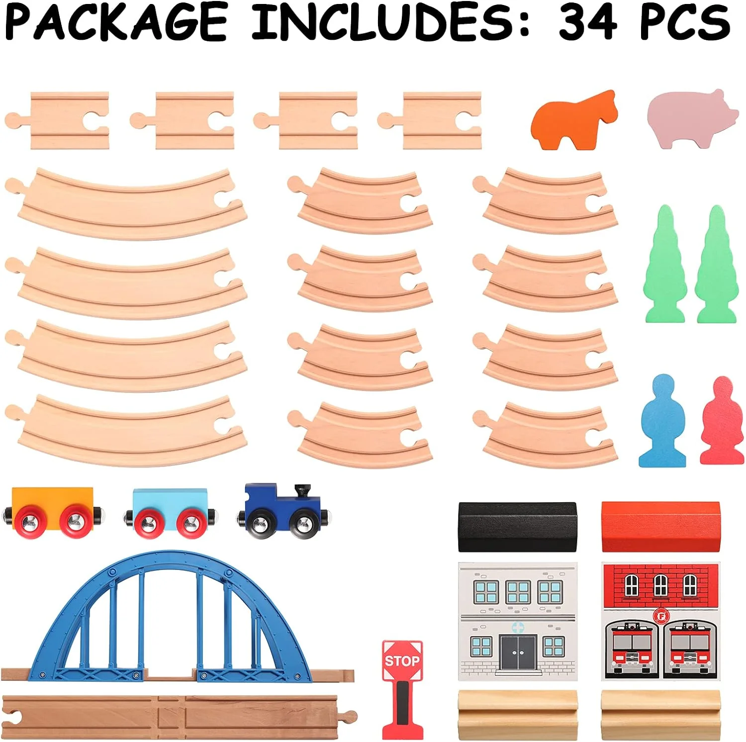 SainSmart Jr. Wooden Train Set with Train Tracks Bridge and Wood Toy Train for 3-5 Years Old Boys and Girls