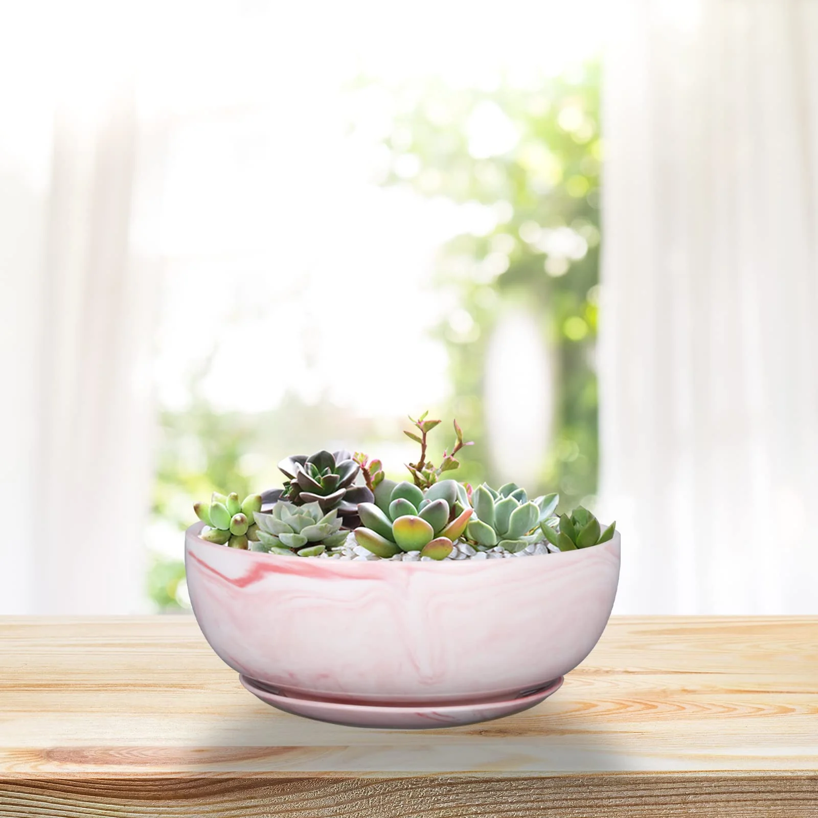 G EPGardening 8in Marble Large Round Ceramic Succulent Planter Pot with Drainage Hole and Plant Saucer Shallow Bonsai Planter Po