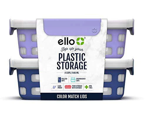 ello plastic divided container food storage portion control set with locking leak-proof lids, 2 set 4 cup, purple/blue