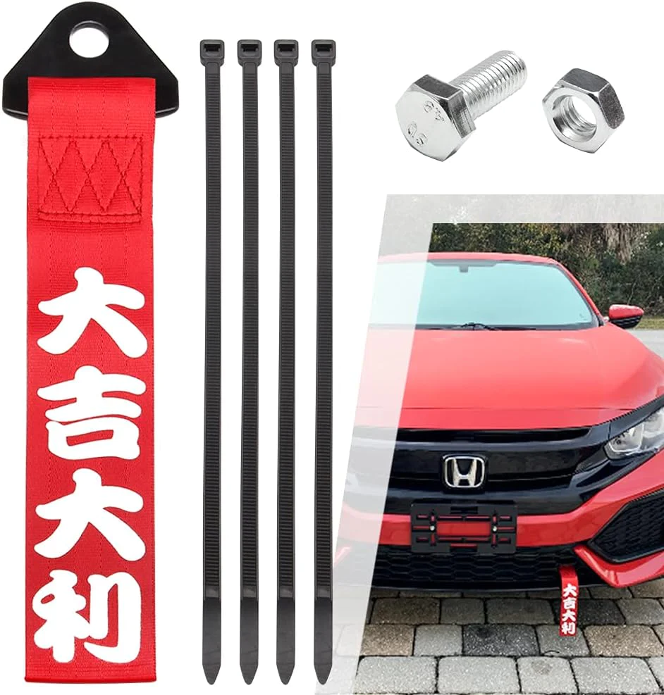 Top10 Racing Car Modification JDM Sports Red Racing Tow Strap Personalized with Chinese Slogan Traction Rope Trailer Hook HF Fit for Front o