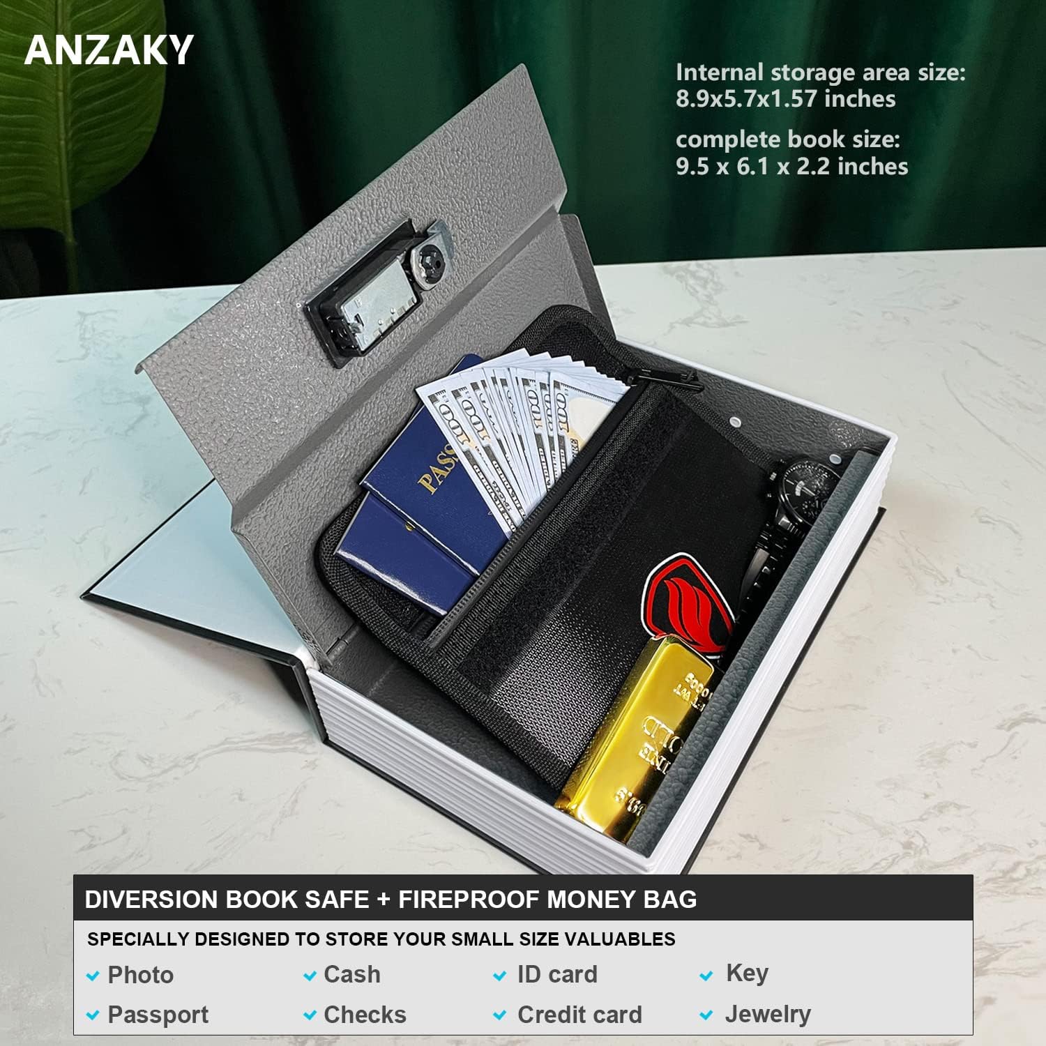ANZAKY Dictionary Diversion Book Safe with Combination Lock and Fireproof Money Bag,  Dictionary Storage Box for Cash Safe Hidden, Mon