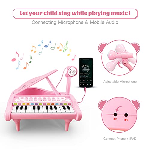 Love&a;Mini Piano Toy Keyboard for Kids Birthday Gift Age 1+ Pink 24 Keys Toddler Piano Music Toy Instruments with Microphone
