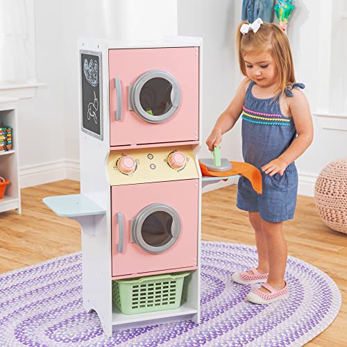 KidKraft Laundry Playset Childrens Pretend Wooden Stacking Washer and Dryer Toy with Iron and Basket, Pastel, Gift for Ages 3+