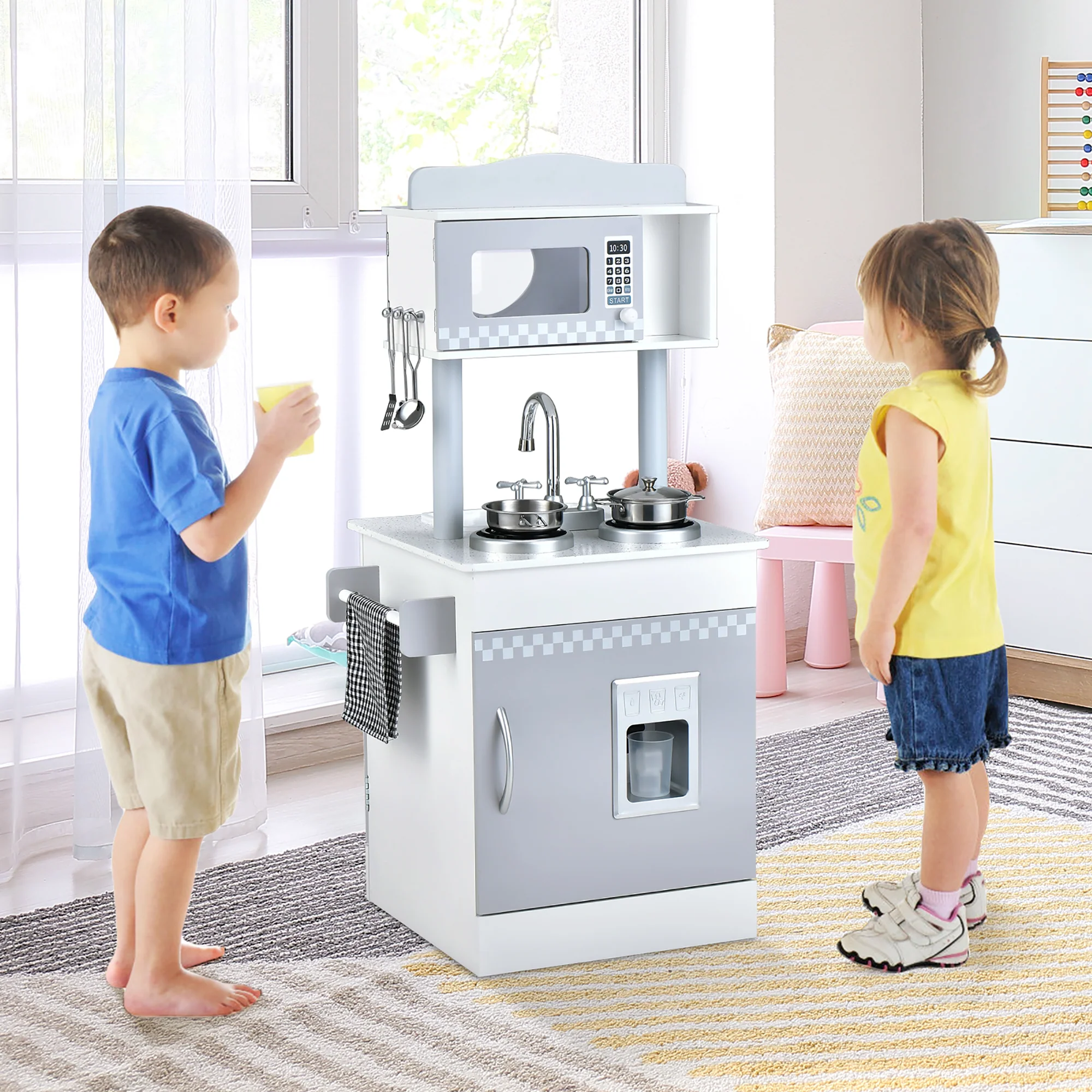 Costway Kids Kitchen PlaySet Pretend Wooden Play Kitchen with IceDispenser&a;Stovefor Toddler