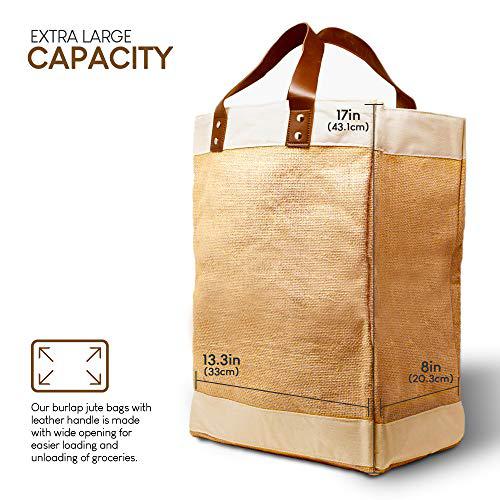 Exultimate reusable jute french market tote burlap grocery bags with faux leather strap handles, interior pocket, and water resistant in
