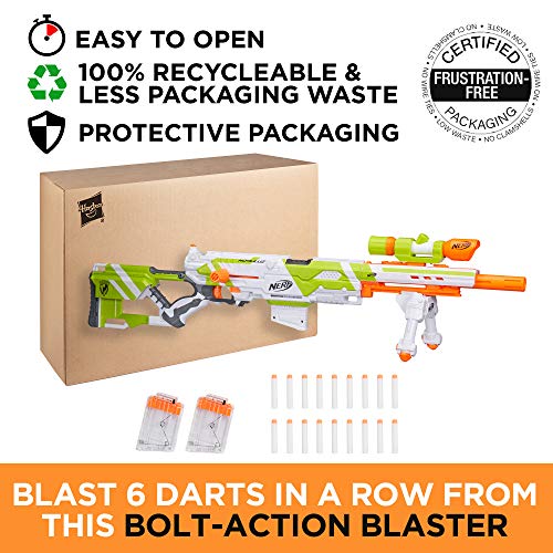 NERF Longstrike Modulus Toy Blaster with Barrel Extension, Bipod, Scopes, 18 Modulus Elite Darts and 3 Six-Dart Clips for Kids,