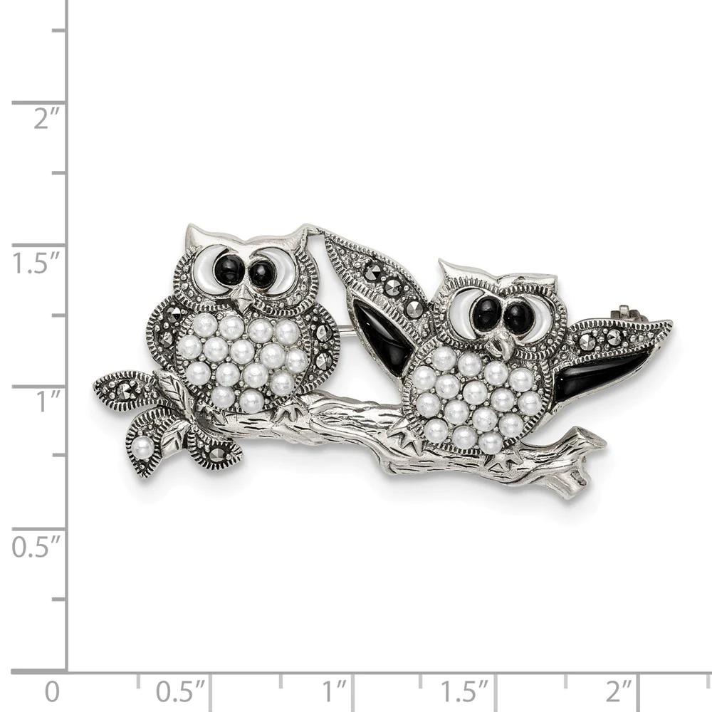 Jewelryweb Sterling Silver Marcasite With Black Agate Simulated Mother of Pearl and Fw. Cultured Pear Pin - Measures 24x47mm Wide