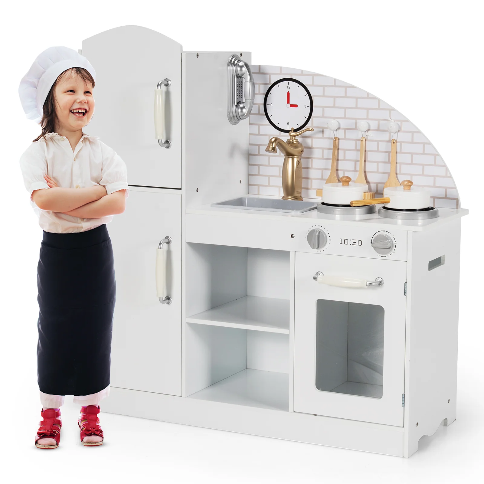 Topbuy Kids Kitchen Playset Cooking Play Toy with Cookware Utensils&a;Stove Toddlers Wooden Play Kitchen