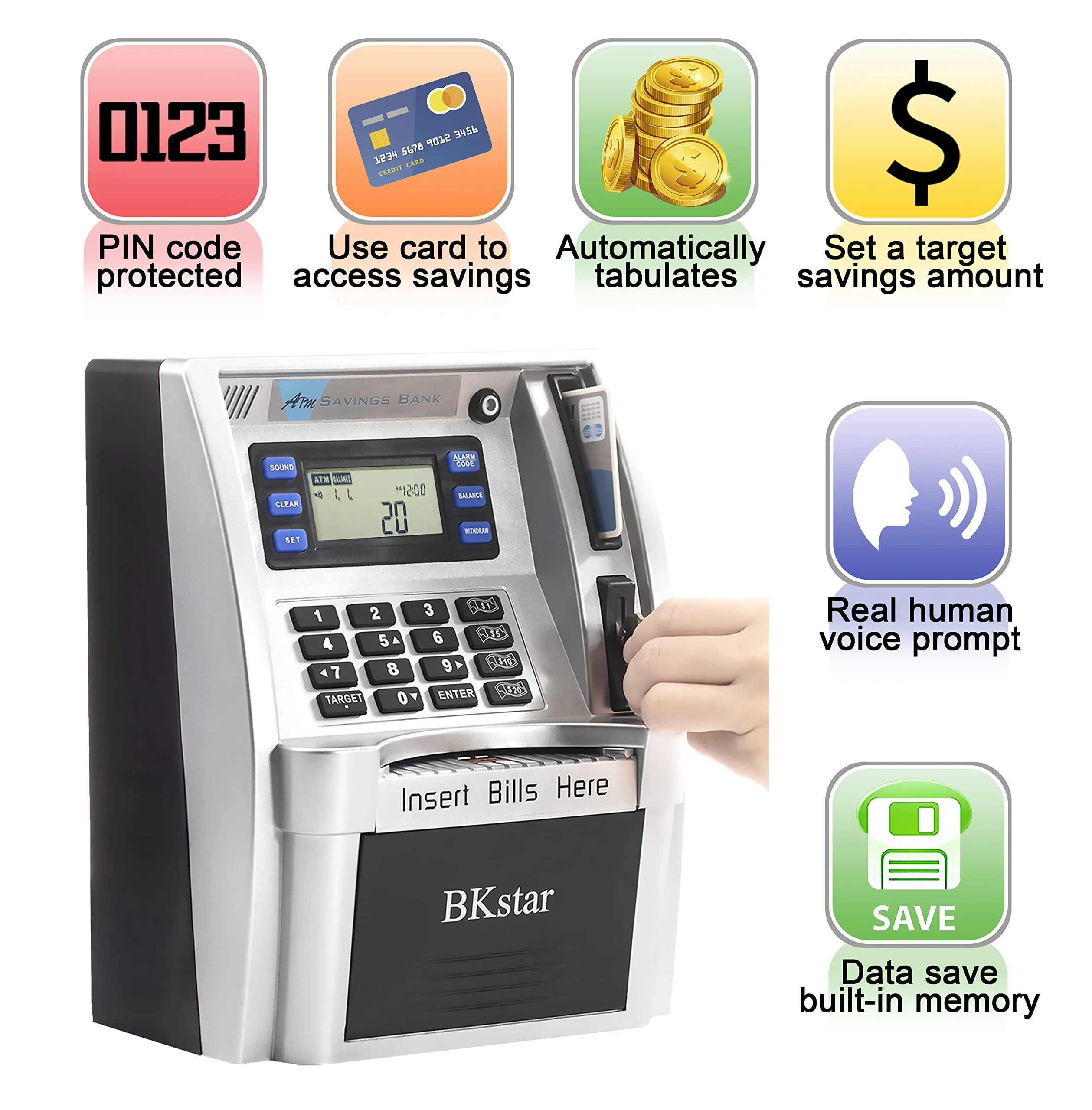 BKstar ???????????? ???????? ???????????????? kids talking piggy bank, atm savings toy bank for real money with real voice prompt, d