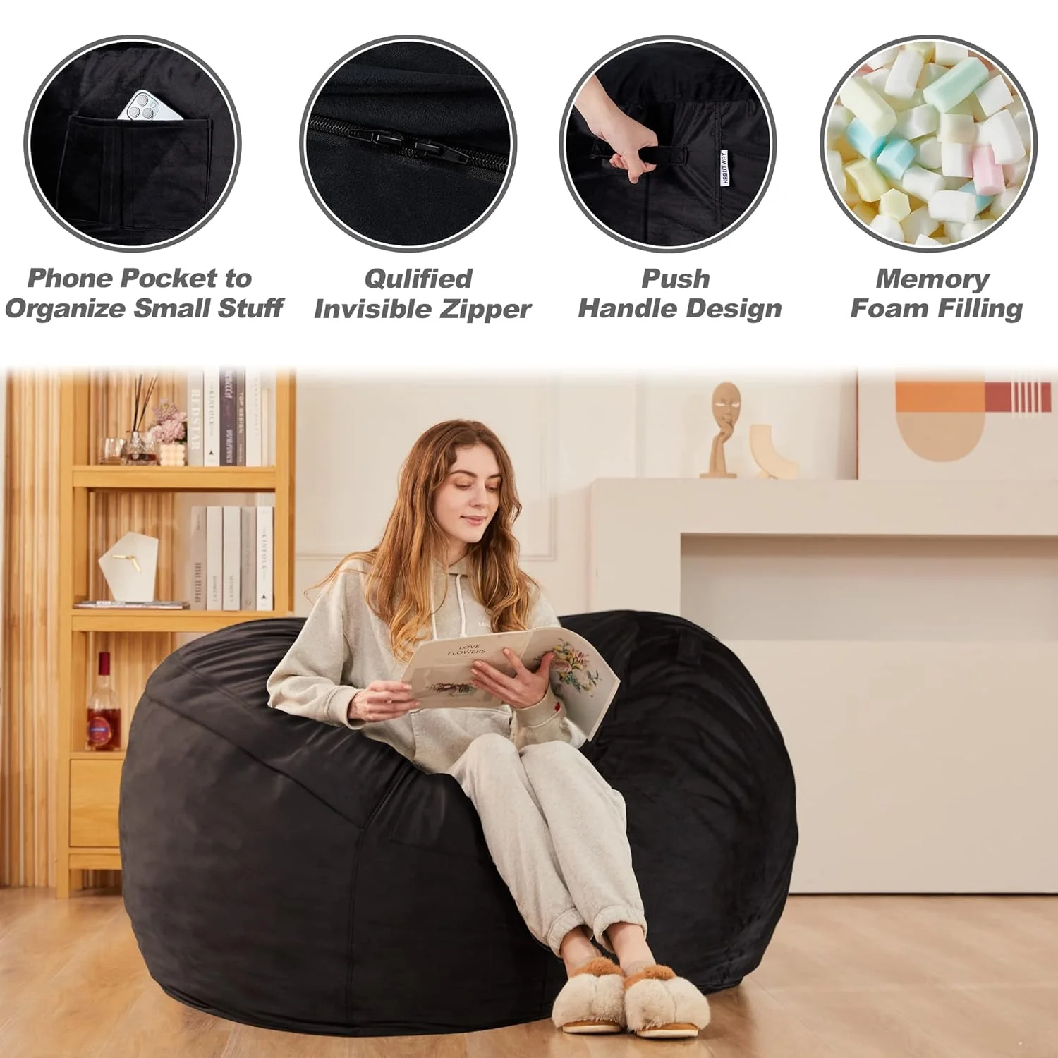 Great Choice Products Bean Bag Chair 3Ft Luxurious Velvet Ultra Soft Fur With High-Rebound Memory Foam Bean Bag Chairs For Adults Plush Lazy Sofa W…