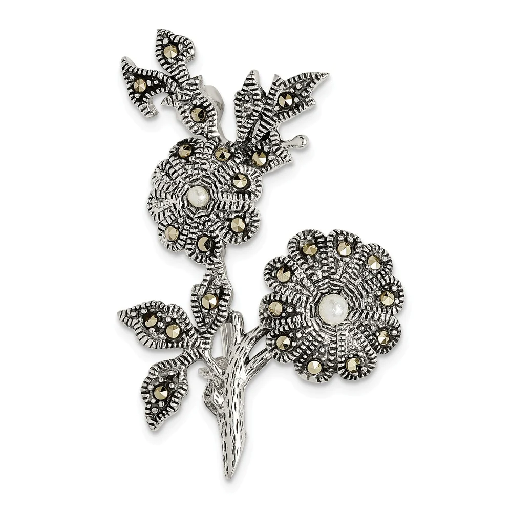 Jewelryweb 26mm Sterling Silver Antiqued Marcasite and Acrylic Pearl Flowers Pin
