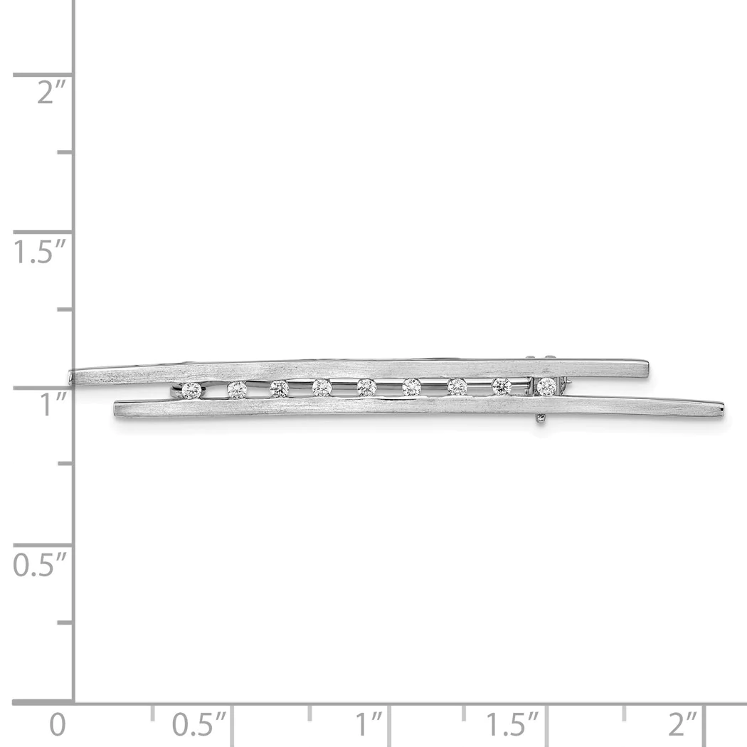 Jewelryweb 4.44mm Sterling Silver Rhodium-plated Brushed Cubic Zirconia Bar Pin Brooch
