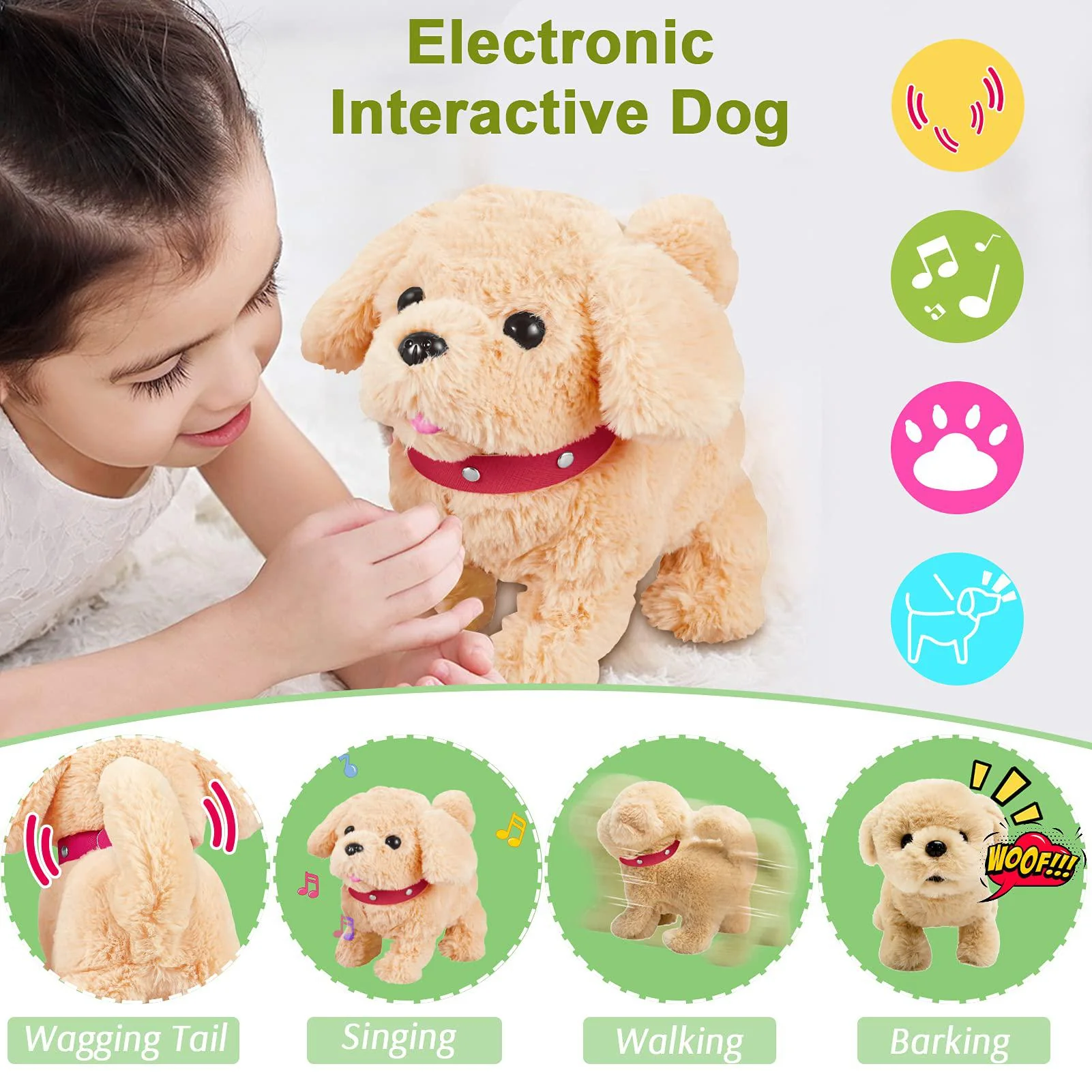 koonie walking toy dog, singing, walking, barking, tail wagging, kids girls plush electronic interactive dog, realistic stuff