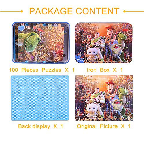 lelemon 100 pieces toy story jigsaw puzzle for kids ages 4-8 wooden learning educational puzzles toys in a metal box puzzles