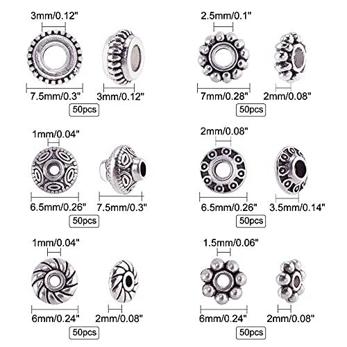 ph pandahall 300pcs 6 style antique silver spacer beads, tibetan metal alloy jewelry beads tube spacers flower flat rondelle