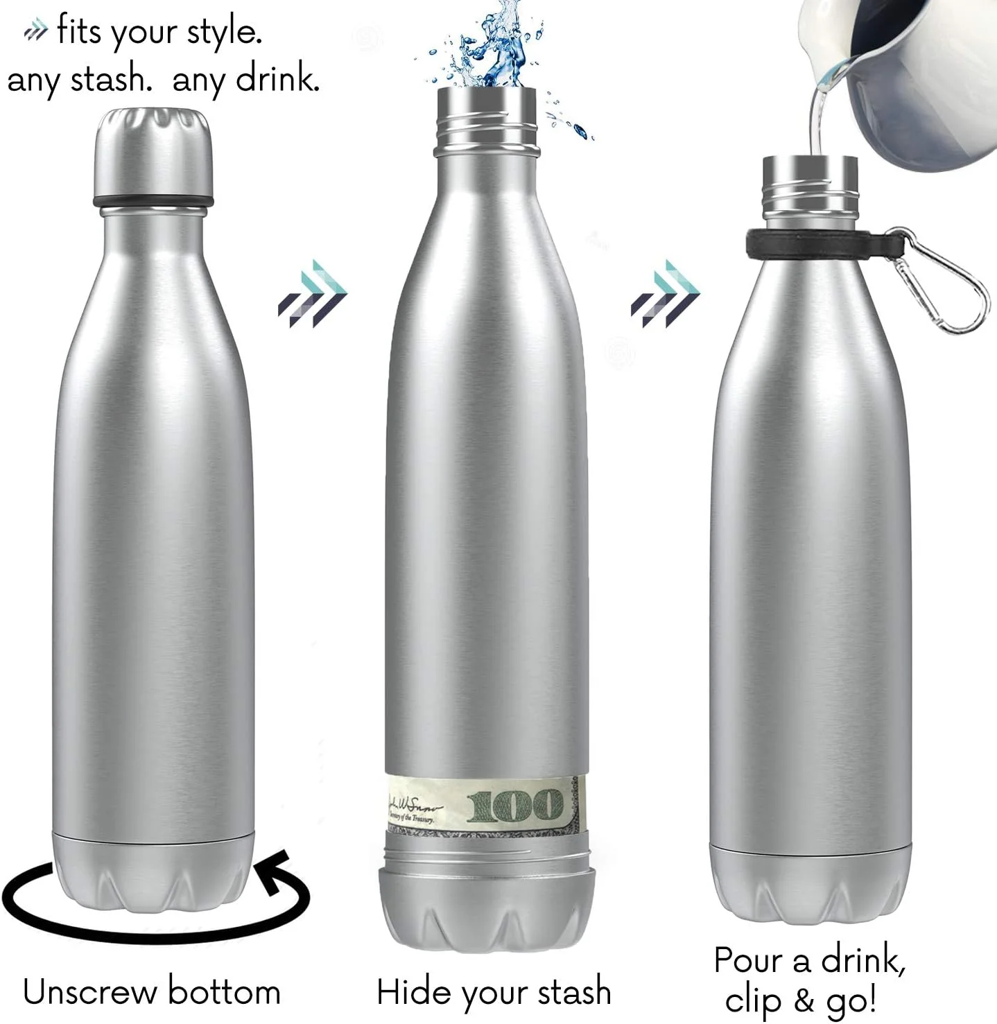 TRAVAH Diversion Safe Water Bottle Can Hidden Bottom for Valuables 17ounce Liquid Capacity Dry Storage Compartment Stainless Steel Vac