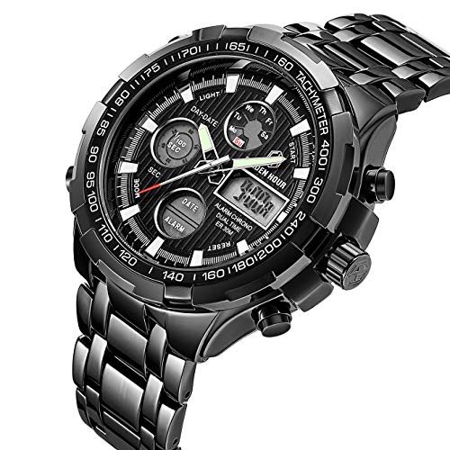 GOLDEN HOUR Luxury Stainless Steel Analog Digital Watches for Men Male Outdoor Sport Waterproof Big Heavy Wristwatch (Black)